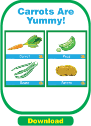 Download free vegetable flash cards for 'Carrots Are Yummy!'